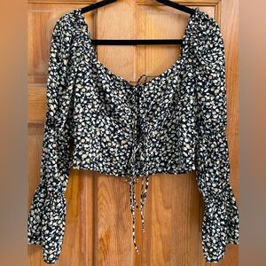 Beige Botany Tie Front Floral Print Blouse, size Medium